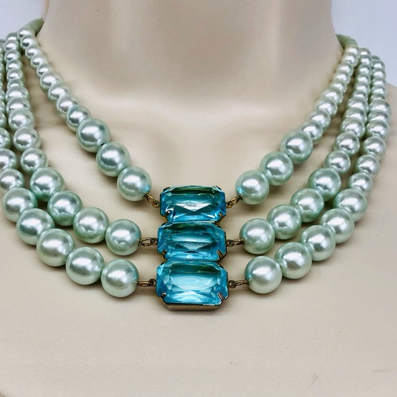 Vintage Faux Pearl Blue Glass 3 Strand Necklace - Picture 3 of 16